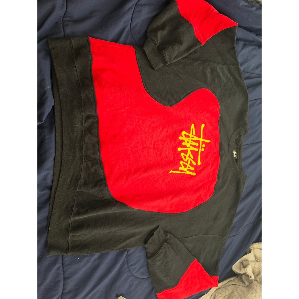 Stussy Colorblock Crewneck Sweatshirt Black Red Yellow Logo Mens 2XL